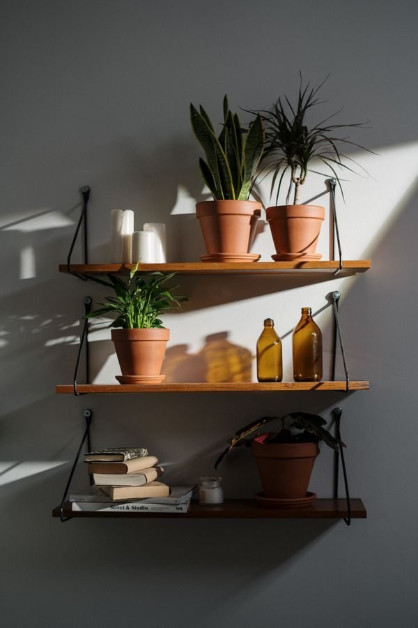 Open wooden shelves with baskets, books, and plants instead of a bulky cabinet in a small living room