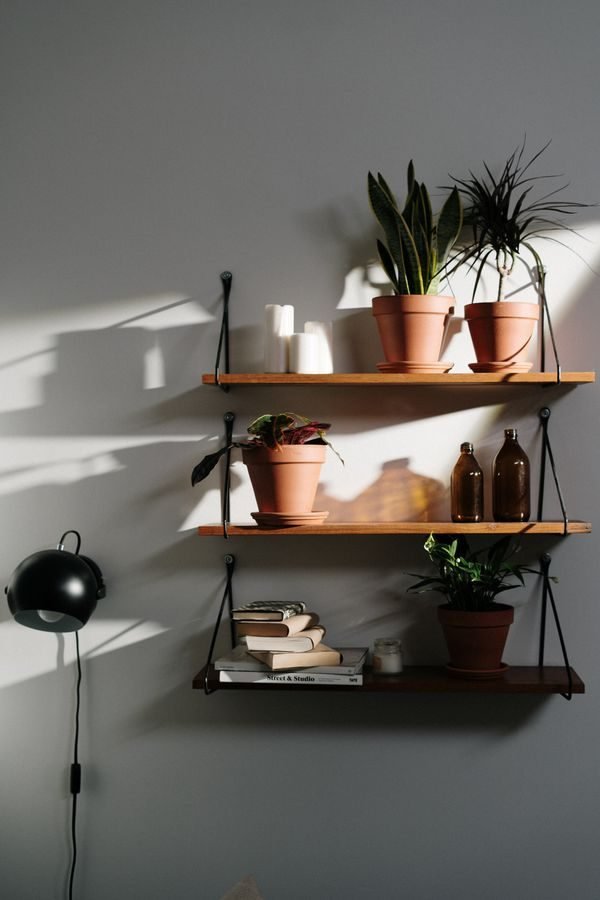 Personal touches with family photos and travel keepsakes styled on a shelf in a cozy small living room